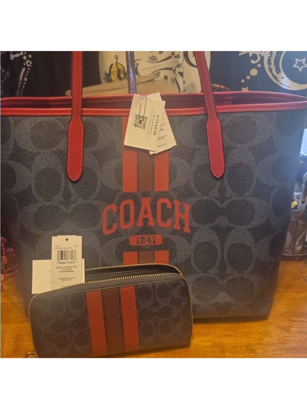 Coach Graphic City Tote & Varsity Stripe Wallet Bundle•NWT•Denim/Red • 1941 Logo